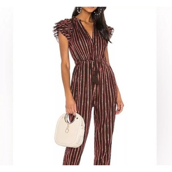 Ulla Johnson Brown Striped Metallic-Trim Ruffle Shoulder Jumpsuit - Picture 3 of 16